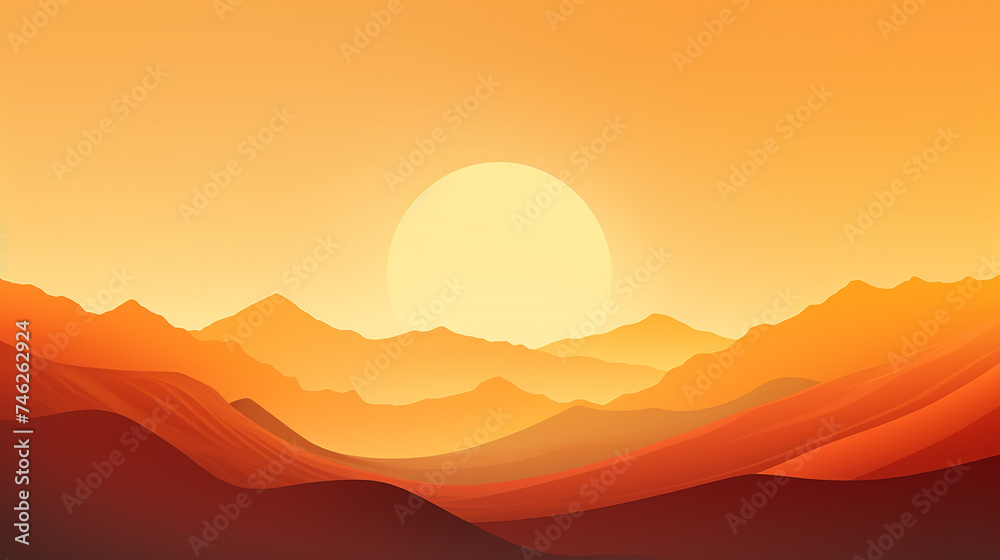 Landscape with mountains and sun. Sunrise mountain on orange theme