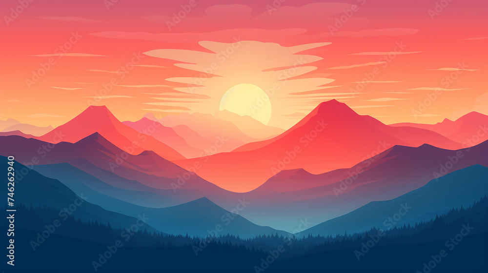 Landscape with mountains and sun. abstract RGB mountain background