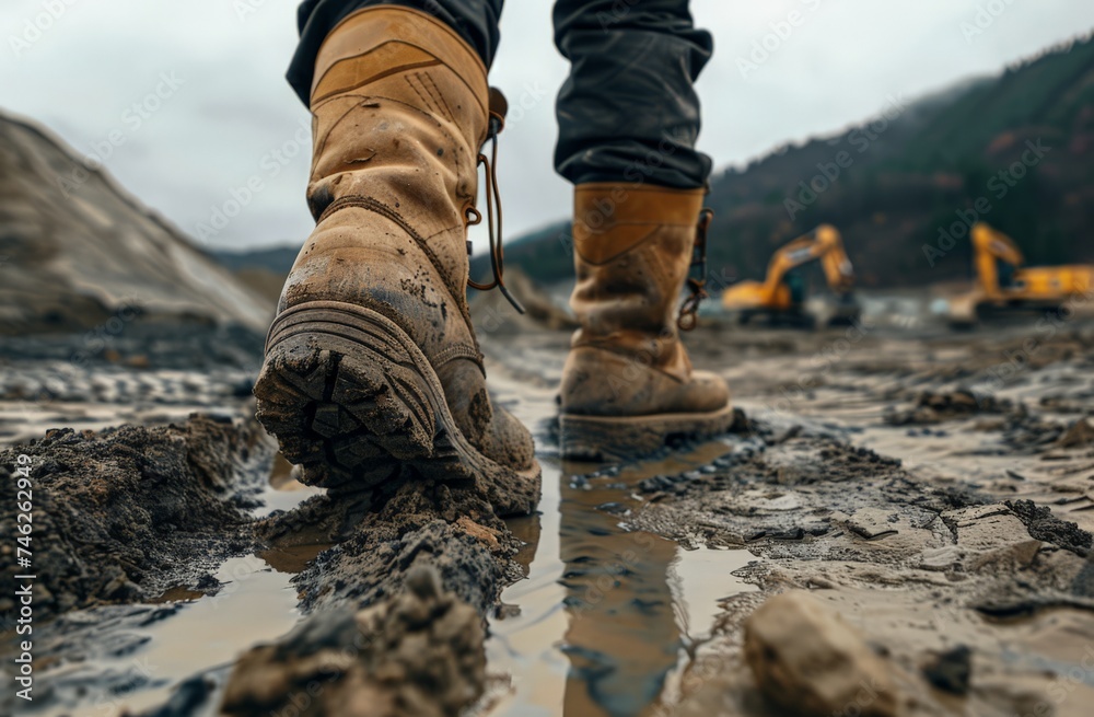 Focus on construction worker's boots walking through mud, with a yellow excavator in the background at the construction site. Focus on construction worker's boots walking through mud, with a yellow excavator in the background at the construction site.