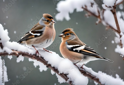Female chaffinch sitting on a snow covered tree