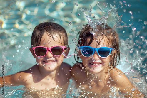 Joyful kids Splashing Water in Pool with Sunglasses, summer vacation concept © Kien