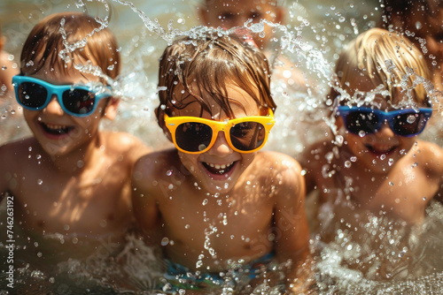 Joyful kids Splashing Water in Pool with Sunglasses, summer vacation concept