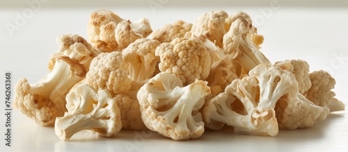 A cluster of Fioretto cauliflowers, also known as Chinese cauliflower, is stacked on a clean white surface. The vegetables are arranged in a loose pile, showcasing their unique shape and texture.
