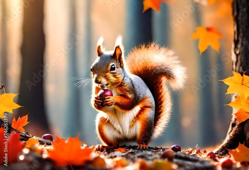 beautiful cute squirrel collecting nuts in colorful autumn landscape, fall forest background, winter is coming and animal wildlife as wallpaper