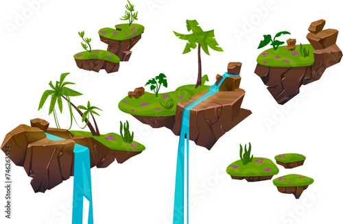 Floating land platform with green grass, bush and palm trees, rocky cliff and river stream with waterfall for video game ui level jump concept. Cartoon vector set of fantasy flying ground islands.