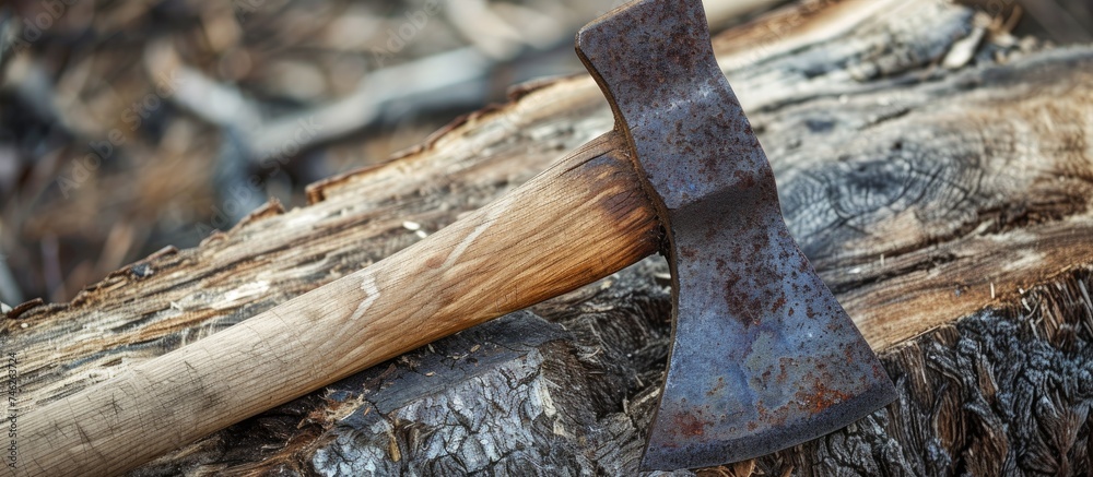 A closeup of an old hatchet stuck in a tree stump, showing the weathered stem and the remnants of wood. A closeup of an old hatchet stuck in a tree stump, showing the weathered stem and the remnants of wood.