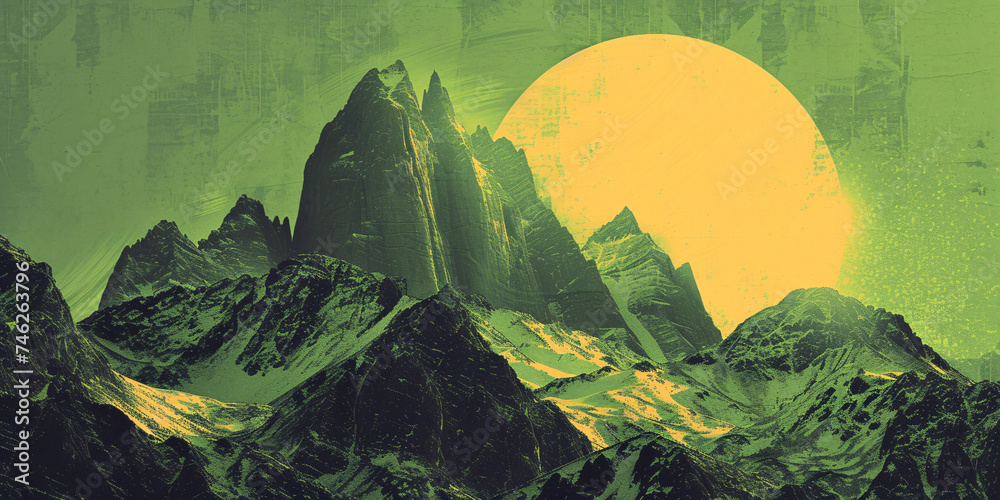 Dawn of Mystique: Mystical Sunrise Over Rugged Mountain Peaks - A Vibrant and Textured Landscape Artwork Perfect for Wall Decor and Digital Designs