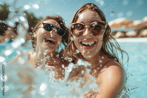 Joyful women Splashing Water in Pool with Sunglasses, summer vacation concept © Kien