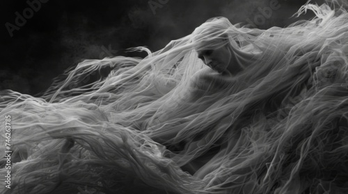 Close-up of a ghost in 3D, exhibiting fluidity as it drifts through the dark, hellish landscape