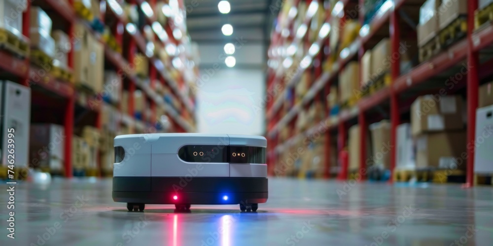 Obraz premium Efficient 3D robots navigate warehouse, embodying smart business technology solutions