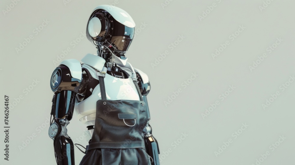 Robot with a cleaners apron, symbolizing the integration of technology in business upkeep Robot with a cleaners apron, symbolizing the integration of technology in business upkeep