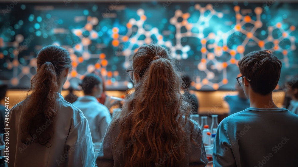 In a chemistry laboratory, students conduct experiments to synthesize and analyze molecules, referring to molecule structure illustrations in their textbooks and lab manuals