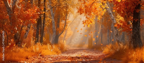 A photo capturing the autumnal beauty of a forest path covered in fallen leaves.