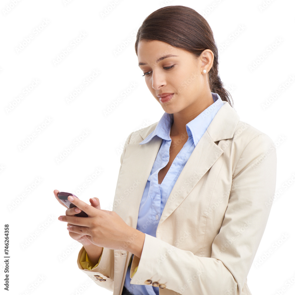 Young business woman, thinking or mobile phone in studio mock up or work email for project or networking. Entrepreneur, planning and cellphone for startup website and inspiration by white background Young business woman, thinking or mobile phone in studio mock up or work email for project or networking. Entrepreneur, planning and cellphone for startup website and inspiration by white background