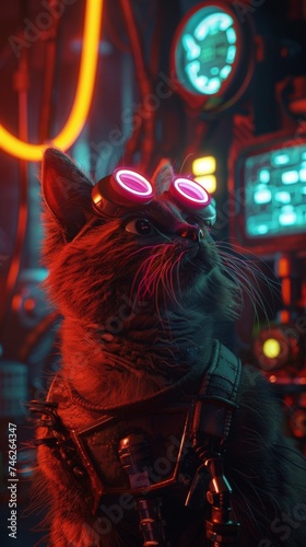 A cat in neon punk style, close-up in 3D, amidst engineering tools, all in a dark, mysterious setting
