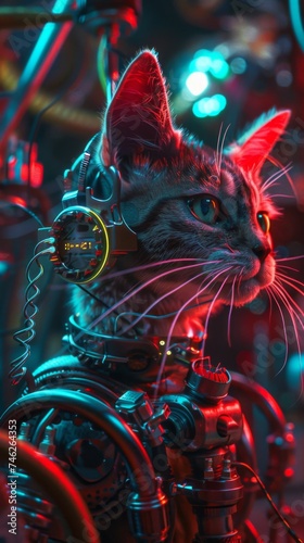 A cat in neon punk style, close-up in 3D, amidst engineering tools, all in a dark, mysterious setting © yelosole