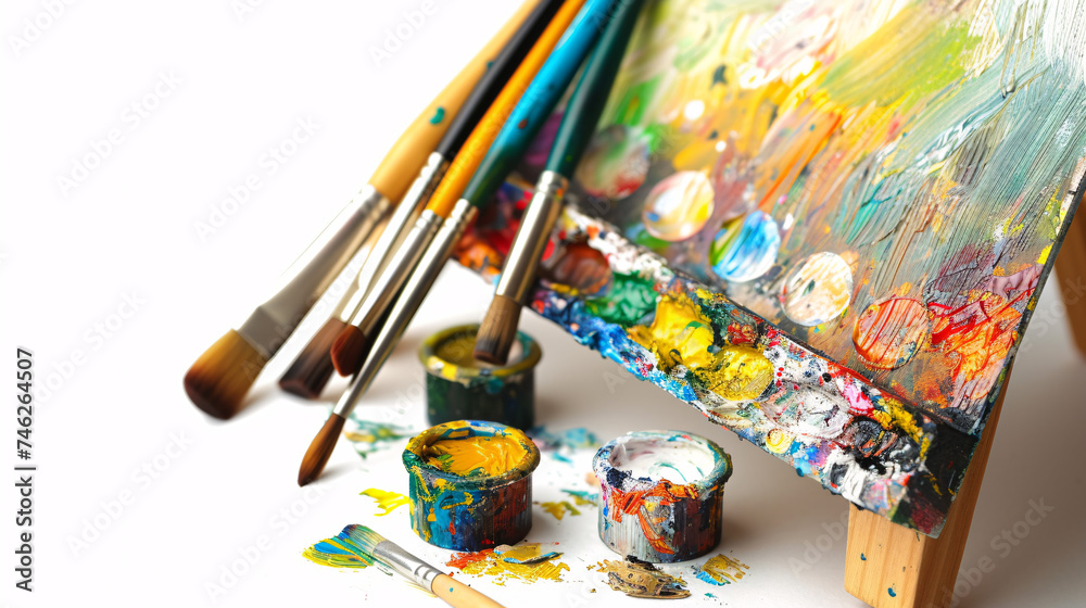 Vibrant Art Creation: A Close-Up View of Paint Brushes, Colorful Paints, and a Canvas Covered in a Burst of Artistic Expression