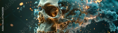 A dark, enigmatic close-up of a 3D explosion against a sci-fi skull, with blue and yellow highlights