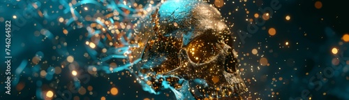 A dark, enigmatic close-up of a 3D explosion against a sci-fi skull, with blue and yellow highlights