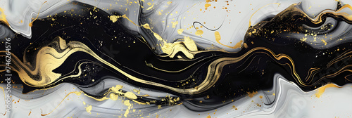 Gold abstract black marble background art paint pattern ink texture watercolor white fluid wall. 