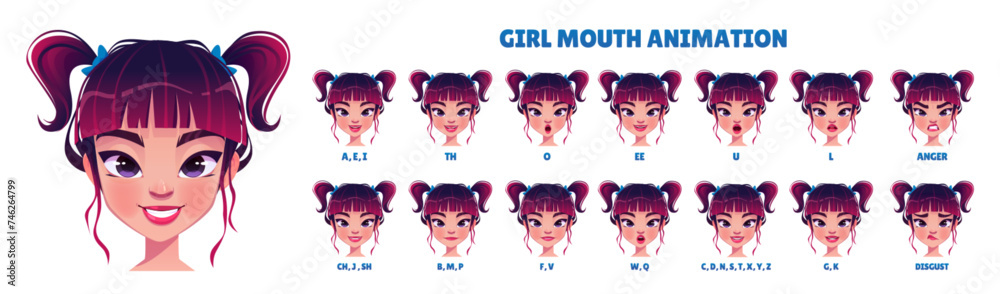 Girl mouth animation set isolated on white background. Vector cartoon illustration of female teen character face pronouncing different sounds, lip sync and emotions collection, avatar constructor Girl mouth animation set isolated on white background. Vector cartoon illustration of female teen character face pronouncing different sounds, lip sync and emotions collection, avatar constructor
