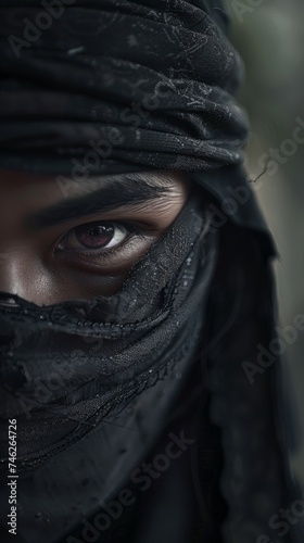 A ninja with a dark twist on the back-to-school theme, close-up in a shadowy, enigmatic atmosphere