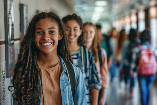 Multiracial group of cheerful high school friends walk through hallway at school