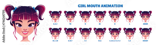 Girl mouth animation set isolated on white background. Vector cartoon illustration of female teen character face pronouncing different sounds, lip sync and emotions collection, avatar constructor