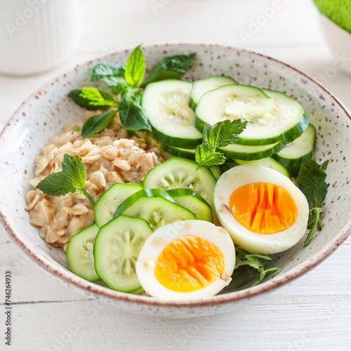 Breakfast oatmeal porridge with boiled eggs, cucumber and green herbs