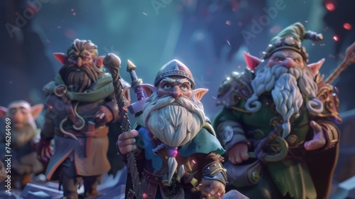 Close-up of 3D elves, wizards, and dwarves embarking on dark, mysterious quests photo