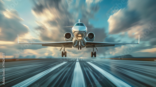 Private jet plane with motion blur effect.