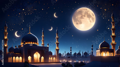 eid mubarak background, mosque in night with moon and star