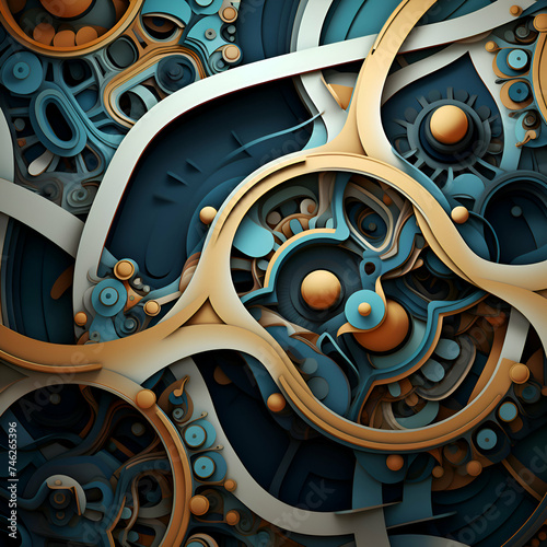  3d render of abstract fractal background with blue and yellow spiral elements
