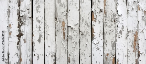 This photo captures a top view of a grunge background with peeling paint on an old wooden floor, showcasing a white wood texture.