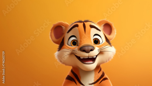 Excited Animated Tiger  A playful and friendly animated tiger character  showcasing a big smile against a warm orange background