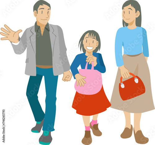 楽しく話しながら歩く家族のイラスト
