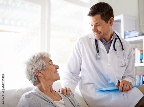 Doctor, healthcare and elderly woman in hospital with trust, consultation or advice for treatment with smile. Medical professional, patient and office with support, help or happy for test results