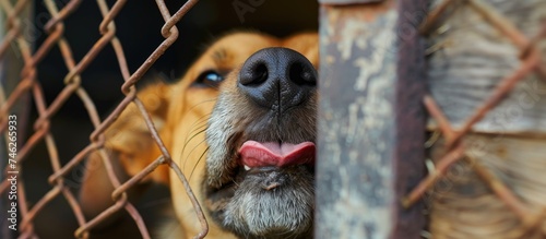 A close-up view of a dogs cute nose and tongue sticking out of a hole in a fence, licking and drooling. The dog appears eager and curious, looking for attention or treats from passersby.