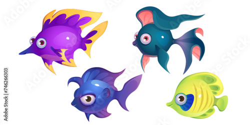 Cute cartoon fish with fin and smiling lips. Vector illustration set of funny sea or ocean animal characters. Aquarium or marine underwater creature collection. Aquatic bottom wildlife habitats