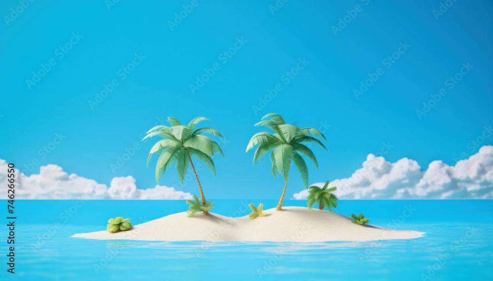 A small desert island with palm trees in the middle of the ocean. Summer travel advertising holiday