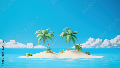 A small desert island with palm trees in the middle of the ocean. Summer travel advertising holiday