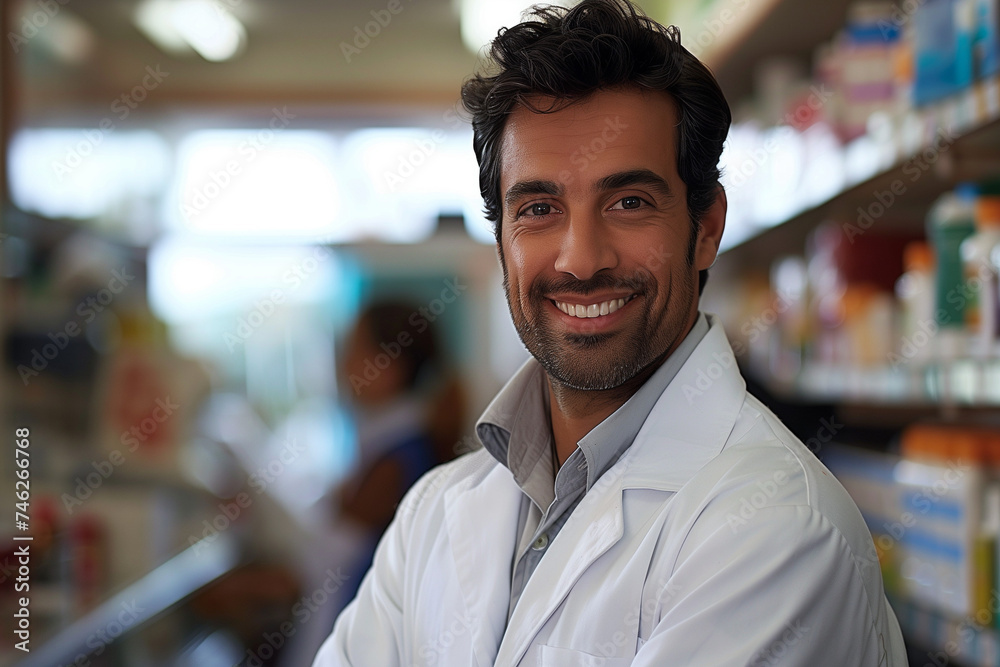 Fototapeta premium Happy pharmacist in a modern pharmacy 