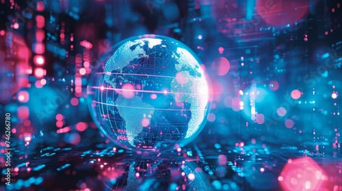 A holographic image of a globe surrounded by different types of insurance coverage demonstrating the global reach and expansive coverage options of holographic insurance solutions.