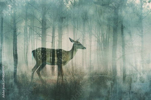 A serene deer overlaid with the soft glow of a misty forest in a double exposure photo