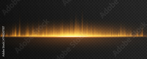 Golden backlights with vibrating rays isolated on dark transparent background. Bright flash. Vector illustration.