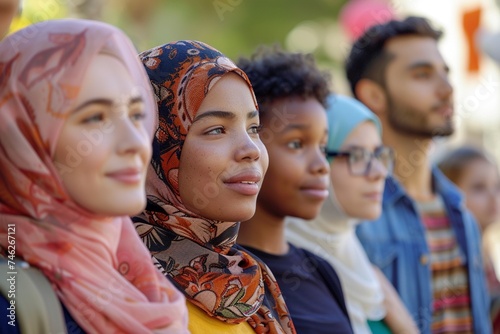 Grupo diverso de jóvenes con hiyab y vestimenta casual disfrutando de un encuentro al aire libre photo