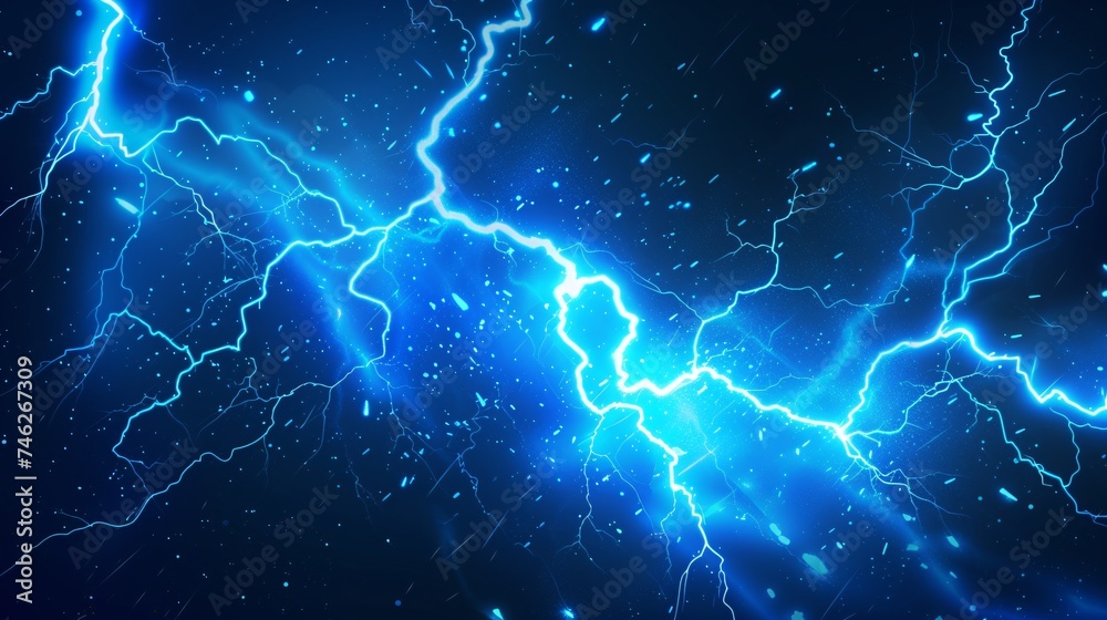 A blue cartoon with lightning, thunder, and storm bolts, featuring electric flash effects and sparks, energized by anime magic explosion.