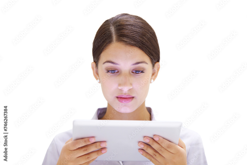 Reflection, business woman or tablet in studio for reading or scroll on company email for networking. Designer, online or connection on internet for update or website to research by white background Reflection, business woman or tablet in studio for reading or scroll on company email for networking. Designer, online or connection on internet for update or website to research by white background
