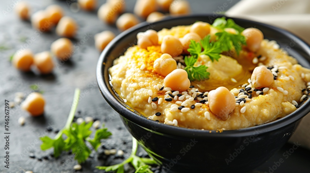 Vegan hummus in black bowl with sesame seeds and chickpea greens. Vegan hummus in black bowl with sesame seeds and chickpea greens.