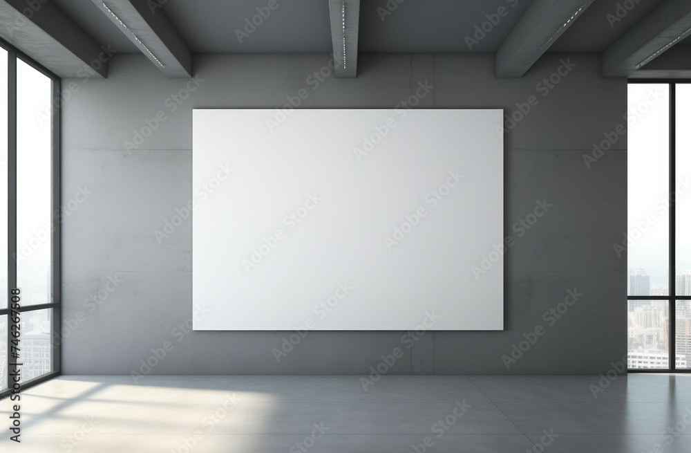 A mock-up of billboards in the office interior hangs on a grey wall, empty room with concrete floors and window with a city view A mock-up of billboards in the office interior hangs on a grey wall, empty room with concrete floors and window with a city view